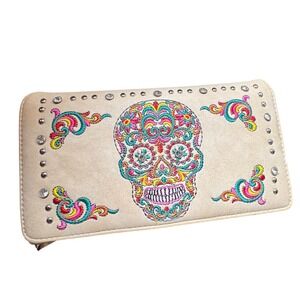 Montana West Sugar Skull Embroidered Rhinestone Studded Wallet Clutch